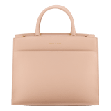 Bulgari Logo medium tote bag in foggy opal grey smooth and grained calf leather with linen agate beige grosgrain lining. Iconic Bulgari logo decorative chain in light gold-plated brass, with hook fastening. BVL-1250-CLL image 3