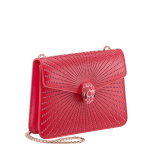 Serpenti Forever crossbody bag in ivory opal laser-cut calf leather with caramel topaz beige nappa leather lining. Captivating snakehead closure in light gold-plated brass embellished with matte and shiny ivory opal enamel scales and black onyx eyes. 422-LCL image 2
