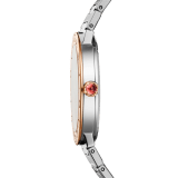 BULGARI BULGARI LADY 腕錶，精鋼錶殼和錶帶，18K 玫瑰金錶圈鐫刻雙品牌標誌，銀色太陽紋錶盤，鑽石時標。防水深度 30 公尺。 103577 image 3