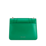 Serpenti Forever small crossbody bag in vivid emerald green calf leather with beet amethyst fuchsia grosgrain lining. Captivating snakehead magnetic closure in light gold-plated brass embellished with bright forest emerald green enamel and light gold-plated brass scales, and black onyx eyes. 422-CLe image 3