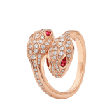 Serpenti Seduttori 18 kt rose gold double head ring set with rubellite eyes and pavé diamonds AN859033 image 1