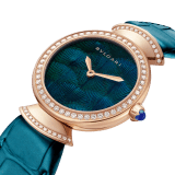 DIVAS' DREAM watch in 18 kt rose gold with brilliant-cut diamonds set on the bezel and the links, natural peacock-feather dial and green alligator bracelet. Water resistant up to 30 meters 103767 image 2