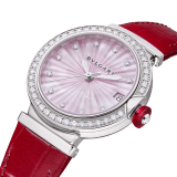 LVCEA Lady Watch , 28 mm stainless steel case and crown with a synthetic cabochon-cut rubellite and 1 round diamond. Pink mother-of-pearls dial intarsio marquetery with 11 round brilliant cut diamonds indexes. Mechanical movement with automatic winding, hours, minutes, seconds and date functions. Frequency 28'800 VpH (4Hz), 25 jewels. Diameter: 25.60 mm, thickness: 3.60mm, Power reserve 42 hours. Pink alligator strap with stitches links to the case set with diamonds and steel ardillon buckle. Water proof 50 m. 103618 image 2
