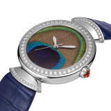 DIVAS' DREAM watch with mechanical manufacture movement, automatic winding, 18 kt white gold case, 18 kt white gold bezel and fan-shaped links both set with brilliant-cut diamonds, natural peacock feather dial and blue alligator bracelet 103263 image 2