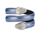 Serpenti Forever multi-coil Cleopatra bangle bracelet in Niagara sapphire blue Molten karung skin. Double snakehead motif in palladium-plated brass embellished with red enamel eyes. CLEOPATRABRACLT-MoltK-NS image 1