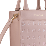 Bulgari Logo small tote bag in ivory opal calf leather with hot-stamped Infinitum pattern on the front and black grosgrain lining. Light gold-plated brass hardware. BVL-1228S-ICLb image 5