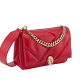 "Serpenti Cabochon" small maxi chain crossbody bag in soft quilted Blush Quartz pink calf leather, with a maxi graphic motif, and Deep Garnet burgundy nappa leather internal lining. New Serpenti head closure in gold plated brass, finished with small pink mother-of pearl scales in the middle and red enamel eyes. 1165-NSM image 2