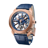 Octo Roma Tourbillon Sapphire watch with mechanical manufacture movement, manual winding and flying tourbillon, 44 mm 18 kt rose gold case, sapphire middle case, blue caliber decorated with 18 kt rose gold indexes on the bridges, blue alligator bracelet and 18 kt rose gold folding clasp 103157 image 2
