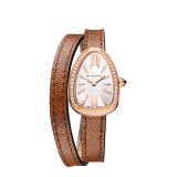Serpenti watch with 18 kt rose gold case set with brilliant cut diamonds, white mother-of-pearl dial and interchangeable double spiral bracelet in brown karung leather. 102727 image 1
