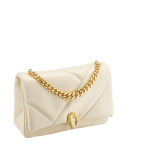 "Serpenti Cabochon" small maxi chain crossbody bag in soft quilted Ivory Opal white calf leather, with a maxi graphic motif, and black nappa leather internal lining. New Serpenti head closure in gold plated brass, finished with small white mother-of pearl scales in the middle and red enamel eyes. 1165-NSMb image 2