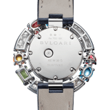 Allegra watch with 18 kt white gold case set with brilliant-cut diamonds, 2 citrines, an amethyst, 2 blue topazes, a peridot and 2 rhodolites, mother-of-pearl dial, 12 diamond indexes and blue shimmering alligator bracelet. Water resistant up to 30 metres 103499 image 3
