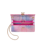 Serpenti Forever mini crossbody bag in multicolour Spring Shade python skin with azalea quartz pink nappa leather lining. Captivating magnetic snakehead closure in light gold-plated brass embellished with ivory opal and azalea quartz pink enamel scales and black onyx eyes. 292137 image 4