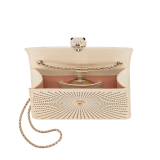 Serpenti Forever crossbody bag in ivory opal laser-cut calf leather with caramel topaz beige nappa leather lining. Captivating snakehead closure in light gold-plated brass embellished with matte and shiny ivory opal enamel scales and black onyx eyes. 422-LCL image 4