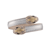 Serpenti Forever soft bangle bracelet in silver Striated calf leather. Captivating contraire snakehead motif in light gold-plated brass embellished with brushed grey enamel and light gold-plated scales, and black enamel eyes. SERPSOFTCONTR-LG image 1