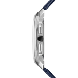 Octo Finissimo陀飞轮镂空计时腕表，搭载品牌自制的超薄自动上链机械机芯（厚度3.50毫米），单按钮计时和陀飞轮，43毫米铂金表壳，镂空表盘，搭配灰色计时盘和蓝色鳄鱼皮表带。防水深度达30米。 103510 image 3