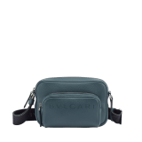 BULGARI Man small camera bag in black smooth and grainy metal-free calf leather with Olympian sapphire blue regenerated nylon (ECONYL®) lining. Dark ruthenium-plated brass hardware, hot stamped BULGARI logo and zipped closure. BMA-1206-CL image 1