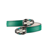 Serpenti Forever soft bangle bracelet in emerald green calf leather. Captivating contraire snakehead décor in light gold-plated brass embellished with black and white agate enamel scales and emerald green enamel eyes. SerpSoftContr-CL-EG image 2