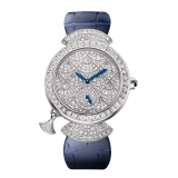 DIVAS' DREAM Finissima Mosaica watch with extra-thin mechanical manufacture movement with minute repeater, 2 hammers (manual winding), 37 mm 18 kt white gold case fully set with snow-pavé and baguette-cut diamonds, dial set with baguette and brilliant-cut diamonds, blue hands, transparent caseback and blue alligator bracelet 103497 image 1