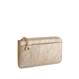 BULGARI BULGARI large zipped card holder in light gold metallic ostrich skin with shell quartz pink nappa leather interior. Zip closure with iconic zip pull in light gold-plated brass. 293549 image 1