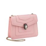 Serpenti Forever small crossbody bag in primrose quartz pink calf leather with heather amethyst pink grosgrain lining. Captivating snakehead magnetic closure in light gold-plated brass embellished with black and white agate enamel scales and black onyx eyes. 422-CLb image 2