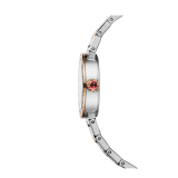 BVLGARI BVLGARI LADY watch with quartz movement, 23 mm stainless steel case, 18k rose gold bezel with logo, 18k rose gold crown set with a pink cabochon-cut stone, white mother-of-pearl dial, diamond indexes and 18k rose gold and stainless steel bracelet. 102970 image 2