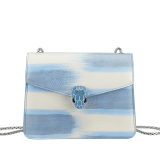 “Serpenti Forever” crossbody bag in multicolor "Shaded" karung skin with a pearled effect, and an Aquamarine light blue nappa leather internal lining. Tempting snakehead closure in palladium-plated brass, embellished with pearled lilac and matte Aquamarine light blue enamel, and black onyx eyes. 422-MK image 1