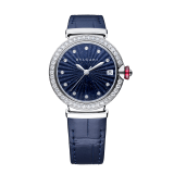 LVCEA 腕錶，精鋼錶殼鑲飾明亮型切割鑽石，藍色東菱石嵌花細工錶盤，11 個鑽石時標，藍色鱷魚皮錶帶。防水深度 50 公尺。 103620 image 1