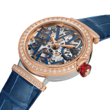 LVCEA Skeleton 腕錶，搭載機械機芯，自動上鍊，鏤空設計，拋光精鋼錶殼，18K 玫瑰金錶圈和連結扣鑲飾鑽石，藍色漆面鏤空 BVLGARI 標誌錶盤，藍色鱷魚皮錶帶。防水深度 30 公尺。 103304 image 2