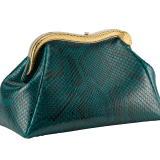 Serpentine medium pouch in teal topaz green soft and shiny python skin with violet amethyst nappa leather lining. Captivating snake body-shaped frame in gold-plated brass embellished with engraved scales and red enamel eyes on one side and teal topaz green soft shiny python skin insert on the other, with press button closure. 292583 image 6