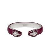 Serpenti Forever bangle bracelet in palladium-plated brass with midnight plum Pure karung inserts. Captivating contraire snakehead motif embellished with burgundy and white enamel scales, and black enamel eyes. BRAC-CONTR-PUREKAR image 1