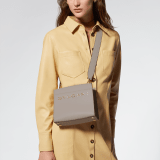 Bulgari Logo small tote bag in foggy opal grey smooth and grained calf leather with linen agate beige grosgrain lining. Iconic Bulgari logo decorative chain in light gold-plated brass, with hook fastening. BVL-1202SCLL image 8