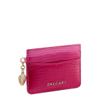 Serpenti Forever card holder in beetroot spinel fuchsia dégradé lizard skin. Captivating snakehead charm in light gold-plated brass embellished with red enamel eyes. 292287 image 1