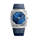 The Octo Finissimo Perpetual Calendar Haute Horlogerie watch features an extra-thin mechanical manufacture movement with automatic winding, hour, minutes, retrograde date, day, month and retrograde leap year, satin-polished platinum case, transparent case back, gradient blue lacquered dial and blue alligator bracelet with platinum pin buckle. Water-resistant up to 30 metres. 103463 image 1