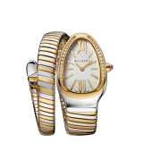 Serpenti Tubogas single-spiral watch with 18 kt yellow gold and stainless steel case set with diamonds, white opaline dial with guilloché soleil treatment and bracelet in 18 kt yellow gold and stainless steel. Water-resistant up to 30 metres 103648 image 1