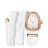 Serpenti Spiga Lady watch, 35 mm white ceramic curved case, 18 kt rose gold bezel set with brilliant cut diamonds . 18 kt rose gold crown set with a cabochon cut ceramic element, white lacquered polished dial, white ceramic double spiral bracelet with 18 kt rose gold elements. Quartz movement, hours and minutes functions. Water proof 30 m. 102886 image 1