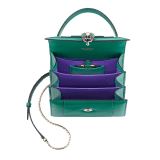 “Serpenti Forever ” top-handle bag in Lavender Amethyst lilac calf leather with Reef Coral red grosgrain inner lining. Iconic snakehead closure in light gold-plated brass embellished with black and white agate enamel and green malachite eyes. 1122-CLa image 4