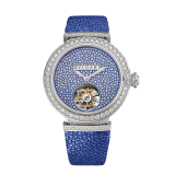 LVCEA Tourbillon Limited Edition watch with mechanical manufacture movement, automatic winding, see-through tourbillon, 18 kt white gold case set with round brilliant-cut diamonds, full-pavé dial with round brilliant-cut diamonds and blue colour finish, and blue galuchat bracelet 102881 image 1