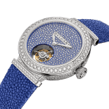 LVCEA Tourbillon Limited Edition watch with mechanical manufacture movement, automatic winding, see-through tourbillon, 18 kt white gold case set with round brilliant-cut diamonds, full-pavé dial with round brilliant-cut diamonds and blue colour finish, and blue galuchat bracelet 102881 image 2