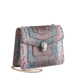 Serpenti Forever small crossbody bag in multicolored Sugarplum karung skin with watercolor opal light blue nappa leather lining. Captivating magnetic snakehead closure in light gold-plated brass embellished with purple and green enamel scales, and black onyx eyes. 292894 image 2