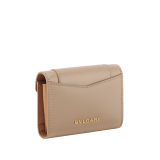 Serpenti Forever business card holder in travertine calf leather with a desert jasper nappa leather interior. Captivating snakehead press-button closure in gold-plated brass embellished with beige noisette enamel, and black enamel eyes. 295116 image 3