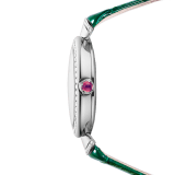 Divas’ Dream watch with mechanical manufacture movement, automatic winding, 18 kt white gold case and links set with brilliant-cut diamonds, natural peacock-feather dial and green alligator bracelet. Water-resistant up to 30 metres. Limited Edition of 25 pieces. 103885 image 3