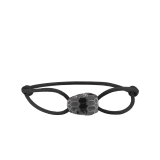 "Serpenti Forever" bracelet in Midnight Sapphire blue fabric with an alluring snakehead décor in light gold-plated brass enamelled in black and glittery Hawk's Eye grey, with seductive black enamel eyes. SERP-STRINGd image 1