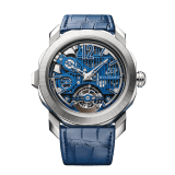 Octo Roma Carillon Tourbillon watch with mechanical manufacture movement, manual winding, openwork bridges, minute repeater, 3-hammer carillon and tourbillon. Platinum case, skeletonised dial, transparent case back and blue rubberised alligator bracelet. Water-resistant up to 30 metres. Limited edition of 30 pieces. 103627 image 1