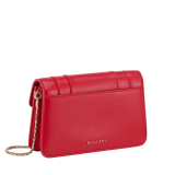 Serpenti Forever chain wallet in Niagara sapphire blue calf leather with silky coral pink nappa leather interior. Captivating palladium-plated brass snakehead magnetic closure embellished with black and Niagara sapphire blue enamel scales and black onyx eyes. SEA-CHAINPOCHETTE-LCL image 3