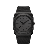 Octo Finissimo Automatic watch with mechanical manufacture ultra-thin movement (2.23 mm thin), automatic winding, platinum microrotor, black DLC-coated sandblasted titanium case, black dial, hands and indexes, and black rubber bracelet. Water-resistant up to 30 metres. 104268 image 1