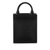 Bulgari Logo mini tote bag in black calf leather with hot-stamped Infinitum pattern and teal topaz green grosgrain lining. Light gold-plated brass hardware. BVL-1228S-ICLa image 3