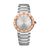 BVLGARI BVLGARI LADY watch, quartz movement, 33 mm stainless steel case, rose gold bezel engraved with double logo. silverered sunray dial set with 12 round brilliant cut diamonds. Stainless steel crown set with natural pink cab cut rubellite. Stainless steel bracelet. Water proof 30 m. Quartz movement, B043 caliber customized and decorated with Bulgari Logo. Hours, minutes functions. Water proof 30 m. 103577 image 1
