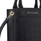 Bulgari Logo mini tote bag in black calf leather with hot-stamped Infinitum pattern and teal topaz green grosgrain lining. Light gold-plated brass hardware. BVL-1228S-ICLa image 5