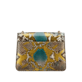 "Serpenti Forever" crossbody bag in agate-white "Camo" python skin with Mimetic Jade green nappa leather inner lining. Alluring snakehead closure in light gold-plated brass enriched with black and pearly, agate-white enamel and black onyx eyes. 422-Pa image 3