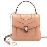 “Serpenti Forever ” top-handle bag in Lavender Amethyst lilac calf leather with Reef Coral red grosgrain inner lining. Iconic snakehead closure in light gold-plated brass embellished with black and white agate enamel and green malachite eyes 1122-CLa image 1